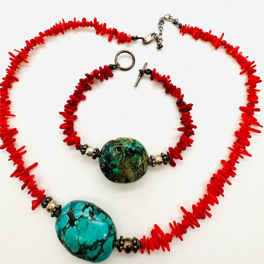 Vintage Turquoise Red Coral Necklace & Bracelet